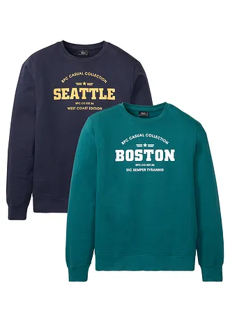 Lot de 2 sweats 100% coton, Couleur: bleu foncé + pétrole imprimé