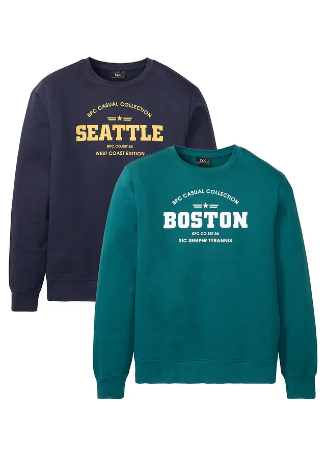 Lot de 2 sweats 100% coton, Couleur: bleu foncé+pétrole