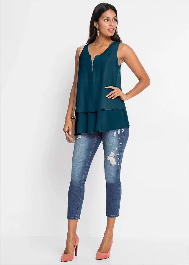 Top met rits, Kleur: blauwpetrol