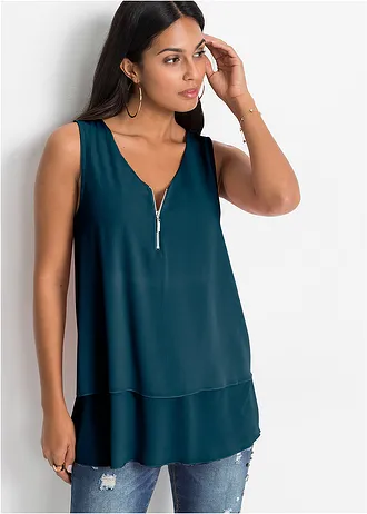 Top met rits in een viscosemix, Kleur: blauwpetrol