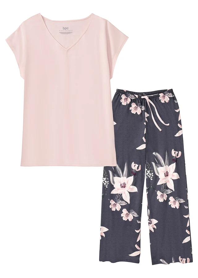 Pyjama avec pantalon large, Couleur: rose tendre-myrtille imprimé