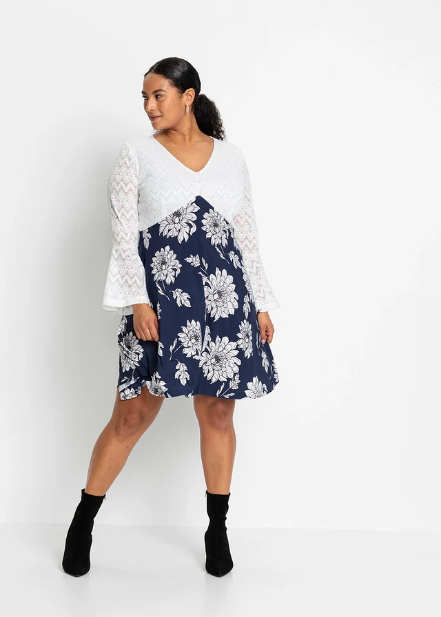 Robe en jersey avec dentelle, Couleur: crème/bleu à fleurs