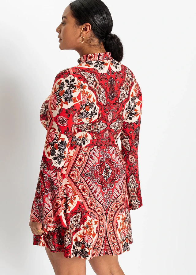 Jersey jurk met opstaande kraag en volantmouwen, Kleur: rood-beige
