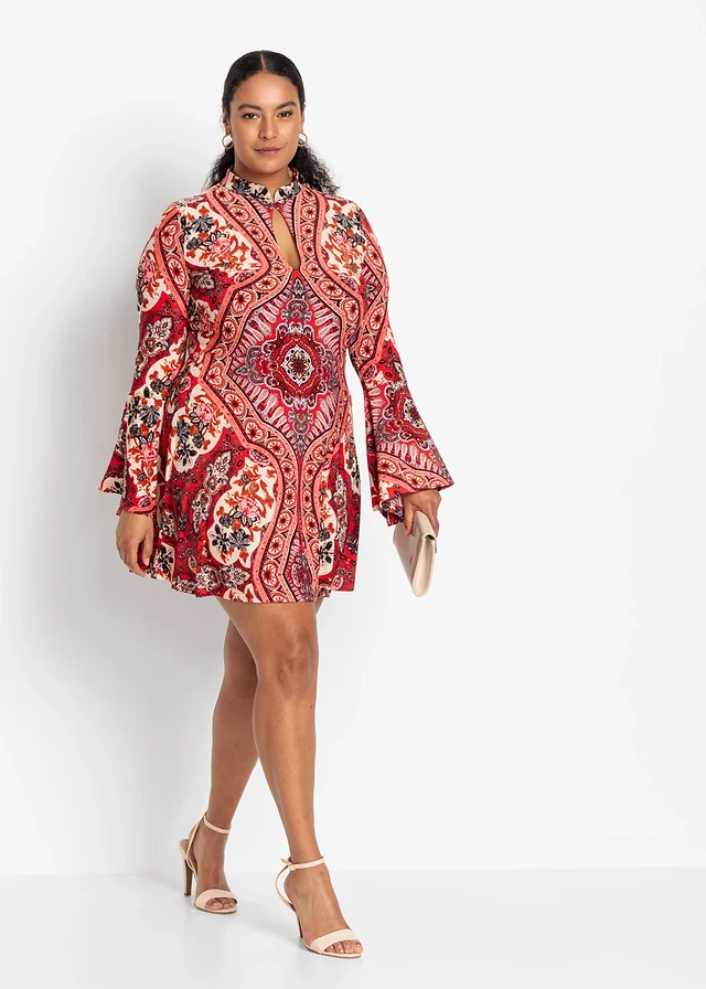 Robe en jersey avec col montant et manches volantées, Couleur: rouge/beige imprimé