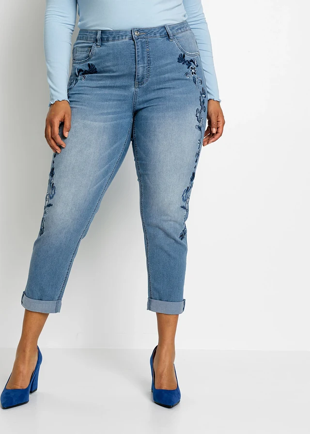 Slim fit jeans met mid waist, cropped, Kleur: lichtblauw denim gebloemd