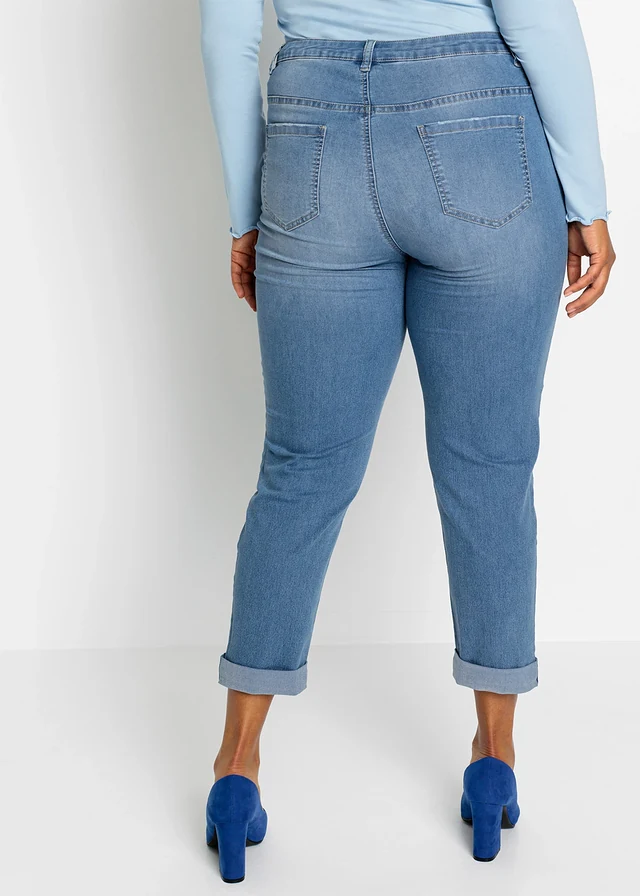 Jean slim taille mi-haute, court, Couleur: bleu clair denim floral