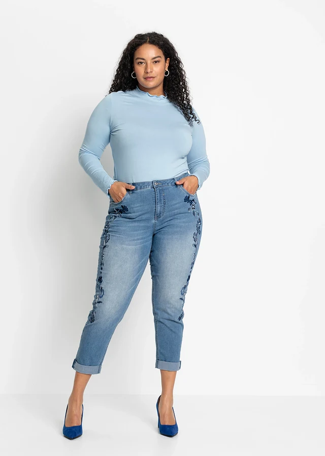 Slim fit jeans met mid waist, cropped, Kleur: lichtblauw denim gebloemd