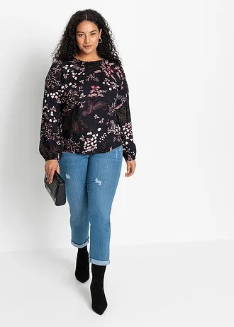 Gedessineerde blouse van viscose, Kleur: zwart gebloemd