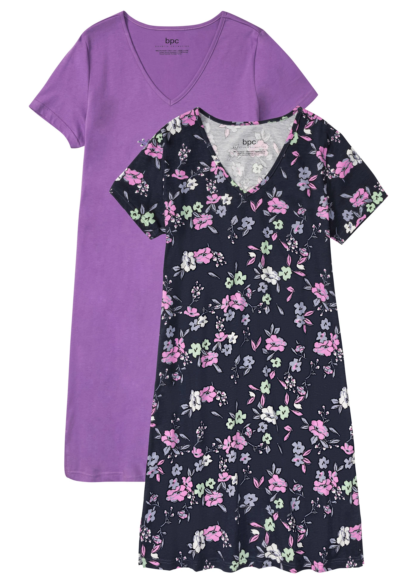 Lot de 2 chemises de nuit courtes 100% coton • mauve profond + myrtille • Boutique bonprix