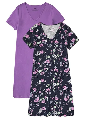 Lot de 2 chemises de nuit courtes 100% coton, Couleur: mauve profond + myrtille