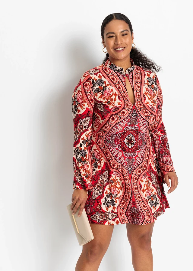 Jersey jurk met opstaande kraag en volantmouwen, Kleur: rood-beige