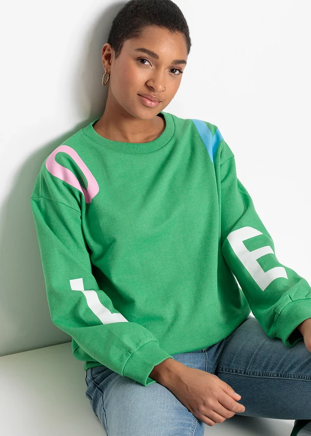 Oversized sweater in een zachte katoenmix • opaalgroen met print • product-page.page-title-suffix