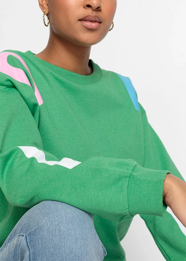 Oversized sweater in een zachte katoenmix • opaalgroen met print • product-page.page-title-suffix