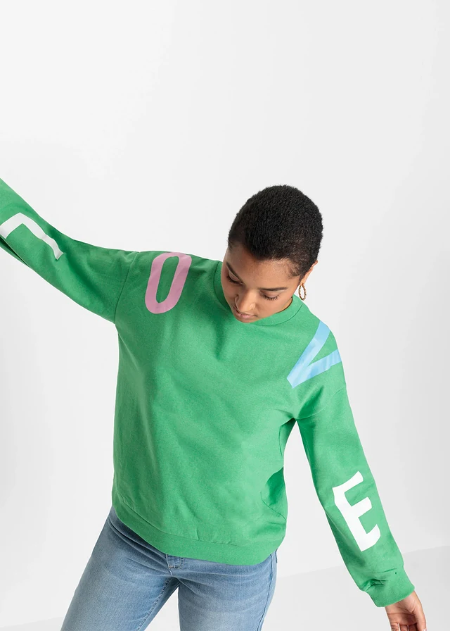 Oversized sweater in een zachte katoenmix • opaalgroen met print • product-page.page-title-suffix