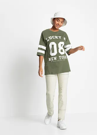 Oversize triko z čisté organické bavlny • olivovo-bílá s potiskem • bonprix obchod