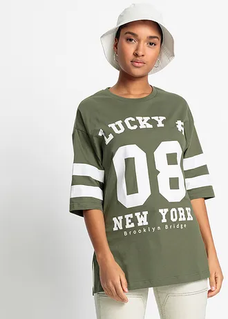 Oversize triko z čisté organické bavlny, barva: olivovo-bílá s potiskem