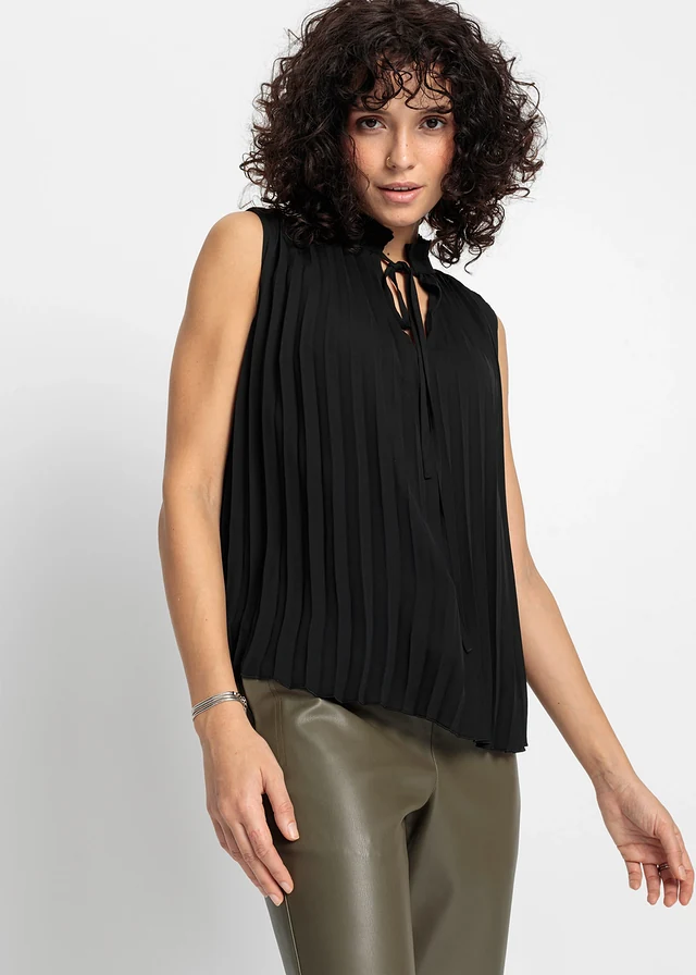 Plissé blousetop, Kleur: zwart