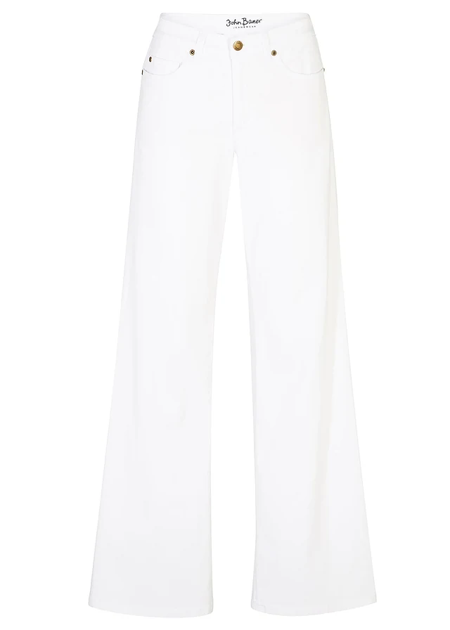 Jeansy ze stretchem wide leg, mid waist, kolor: biały denim
