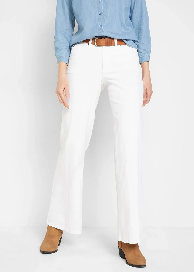 Jeansy ze stretchem wide leg, mid waist, kolor: biały denim