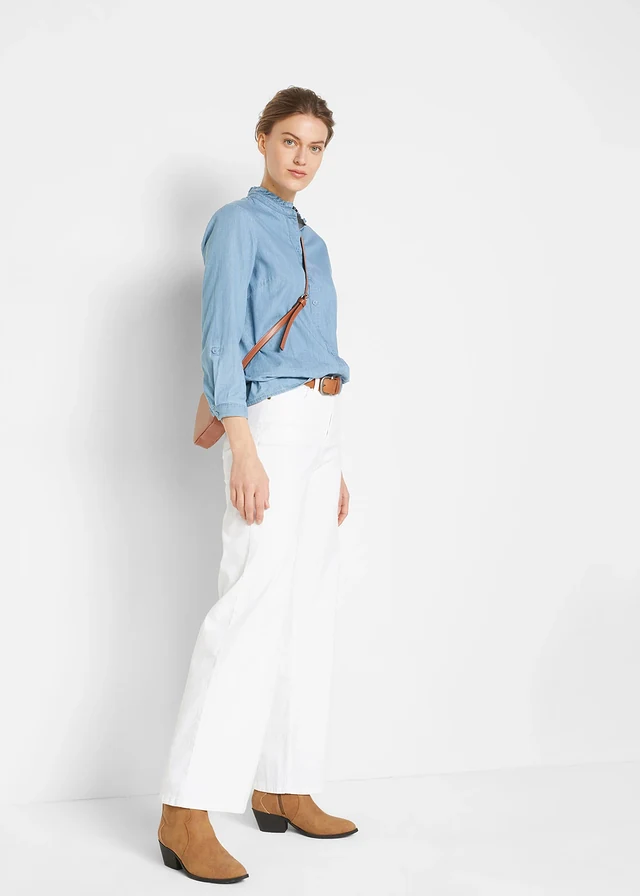 Wide leg stretch jeans, mid waist, Kleur: wit denim