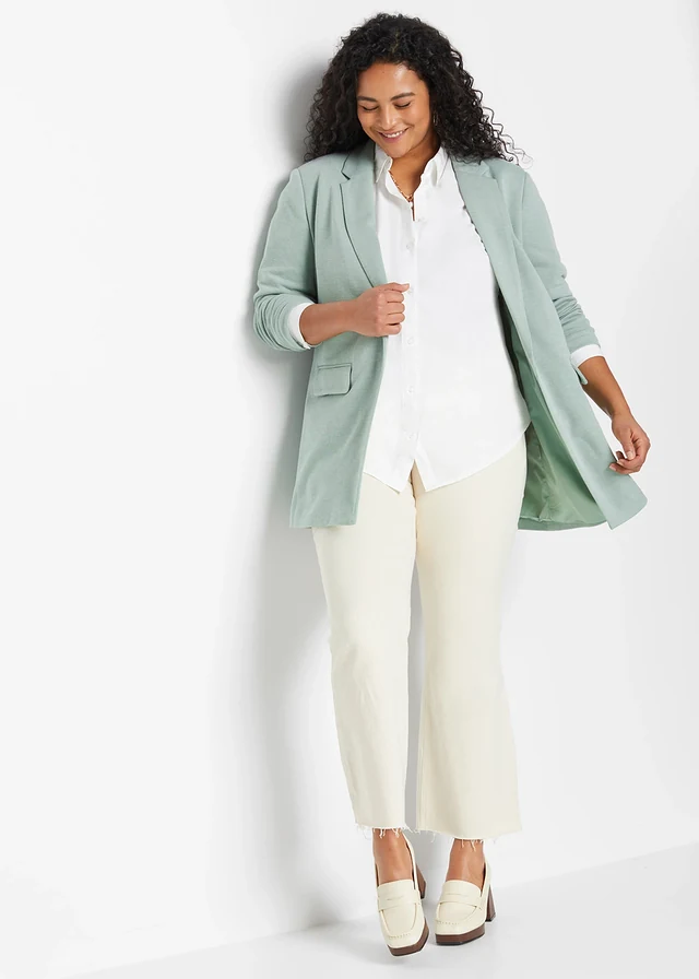 Lange jersey blazer met zakken, Kleur: rookgroen gemêleerd