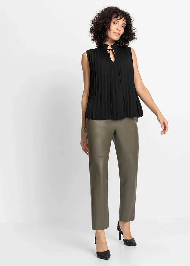 Plissé blousetop, Kleur: zwart