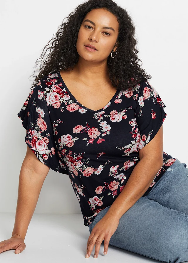 Shirt van viscose, Kleur: zwart-roze gebloemd