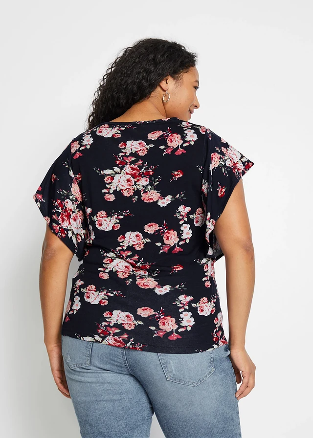 Shirt van viscose, Kleur: zwart-roze gebloemd