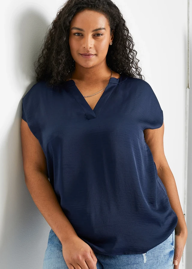 Satijnen tuniek met korte mouwen en oversized schouders, Kleur: donkerblauw