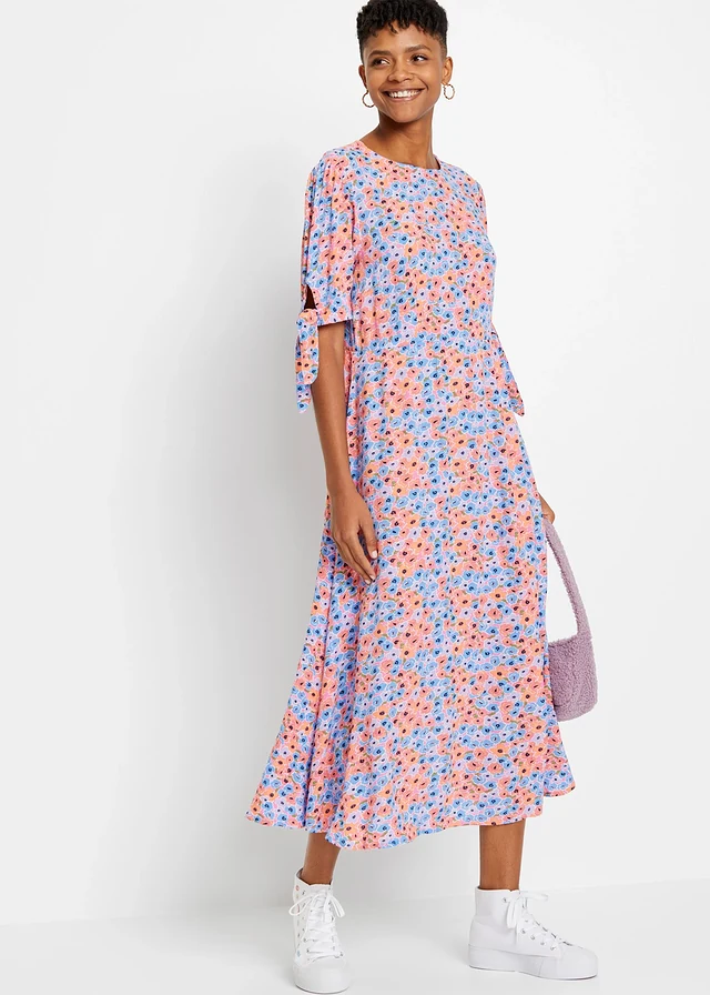 Midi jurk, Kleur: lichtviolet-soft oranje gebloemd