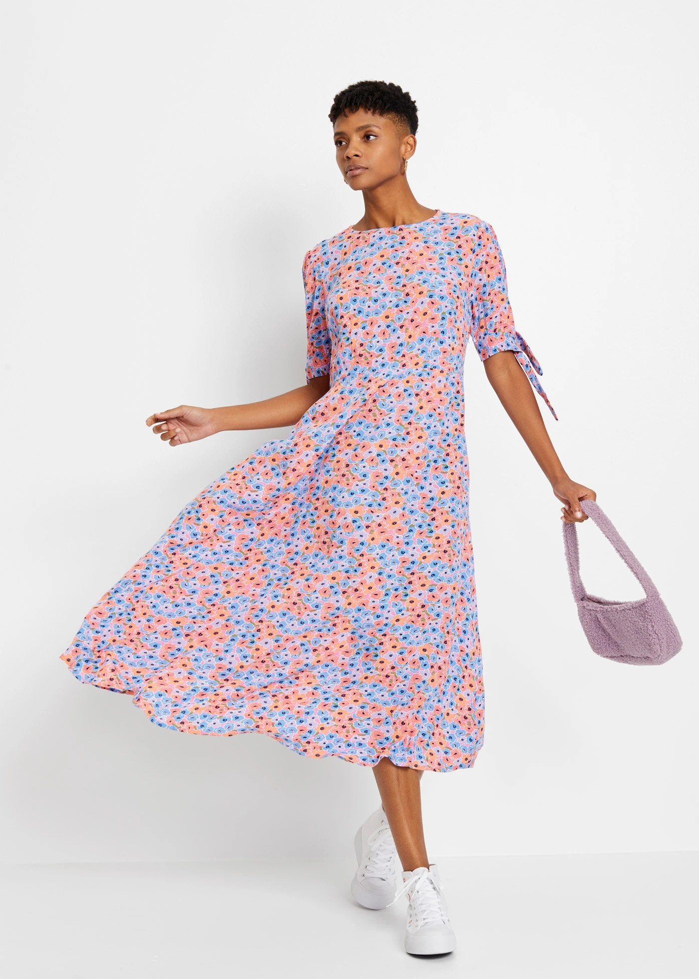 Rochie midi • violet deschis/oranj soft înflorat • magazin bonprix