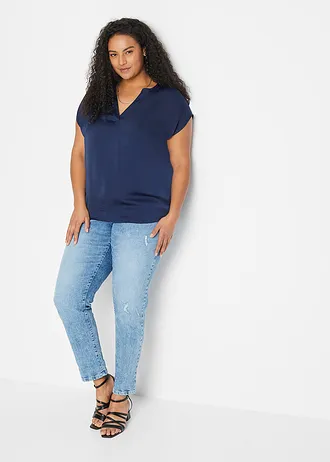 Volná saténová halenka se spadlými rameny, krátký rukáv, barva: tmavě modrá