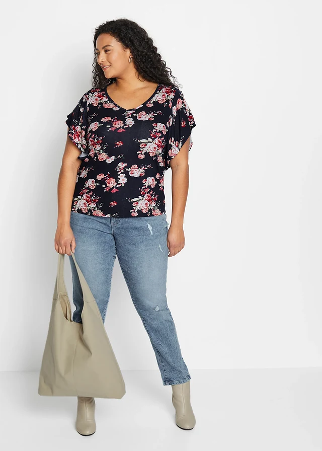 T-shirt en viscose, Couleur: noir/rose floral