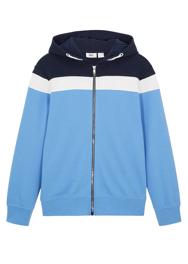 Sweatvest met capuchon in een zachte katoenmix, Kleur: donkerblauw-wolwit-middenblauw