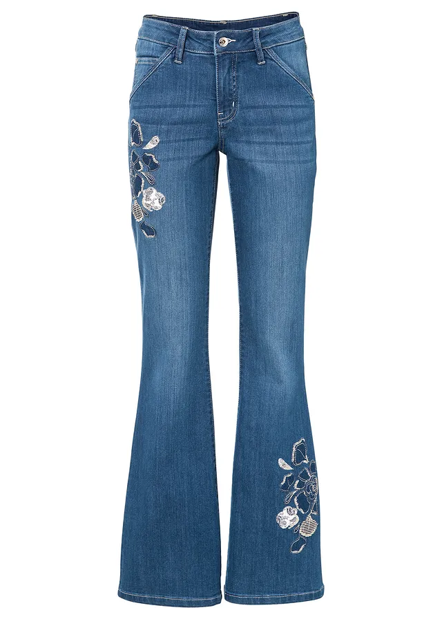Džíny s podílem streče, Flared Mid Waist • modrá stone s květy • bonprix obchod