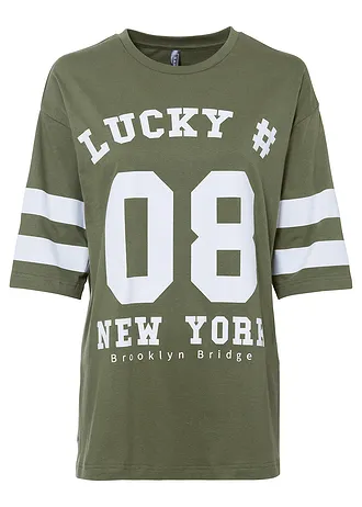 Oversize triko z čisté organické bavlny • olivovo-bílá s potiskem • bonprix obchod