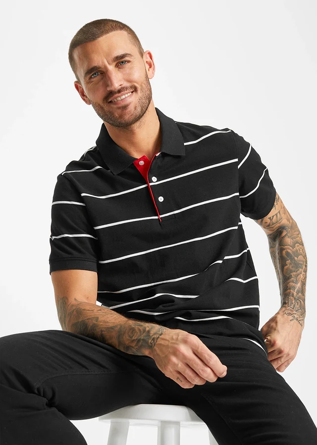 Lot de 2 polos en maille piquée, 100% coton, Couleur: noir-blanc rayé + noir uni