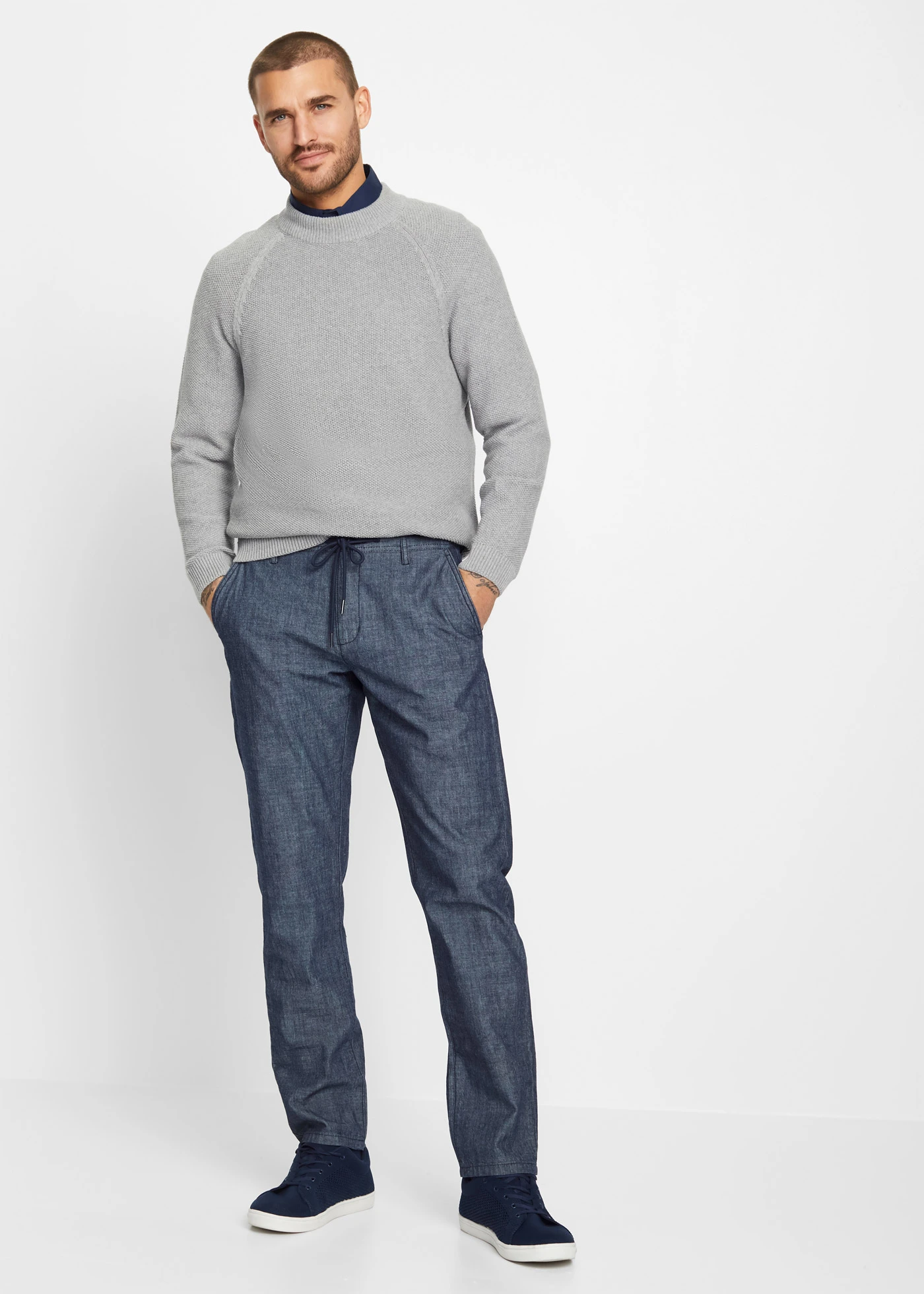 Regular Fit Chambray chino nadrág, Straight • sötétkék melírozott • bonprix áruház