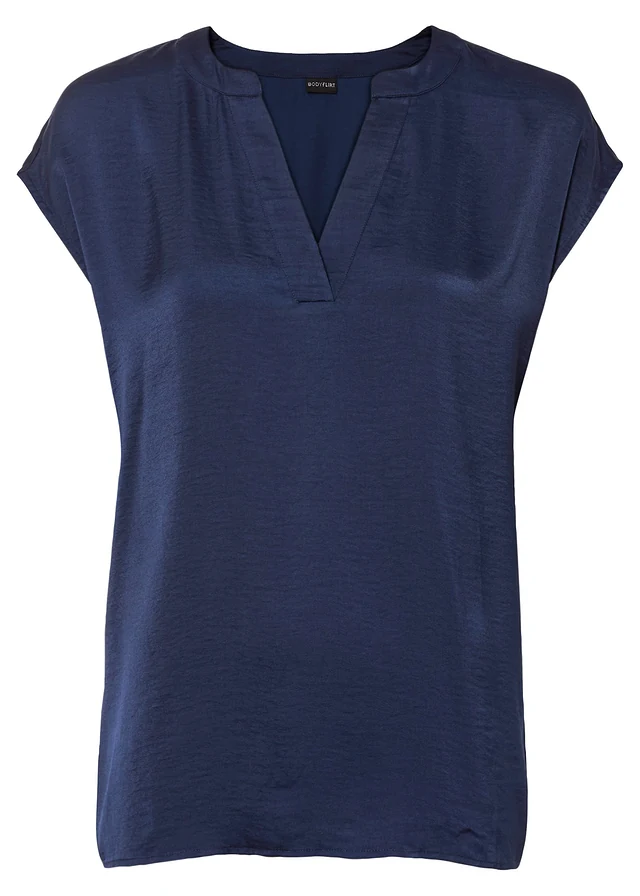 Satijnen tuniek met korte mouwen en oversized schouders, Kleur: donkerblauw
