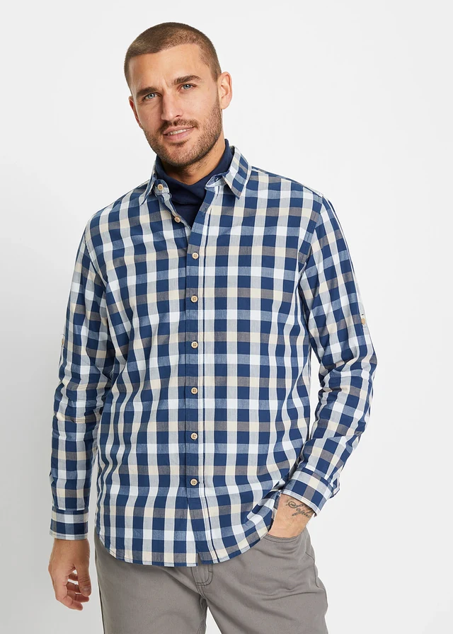 Chemise manches longues 100% coton, Couleur: bleu profond carreaux