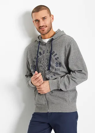 Sweatvest met capuchon en comfort fit, Kleur: grijs gemêleerd met print