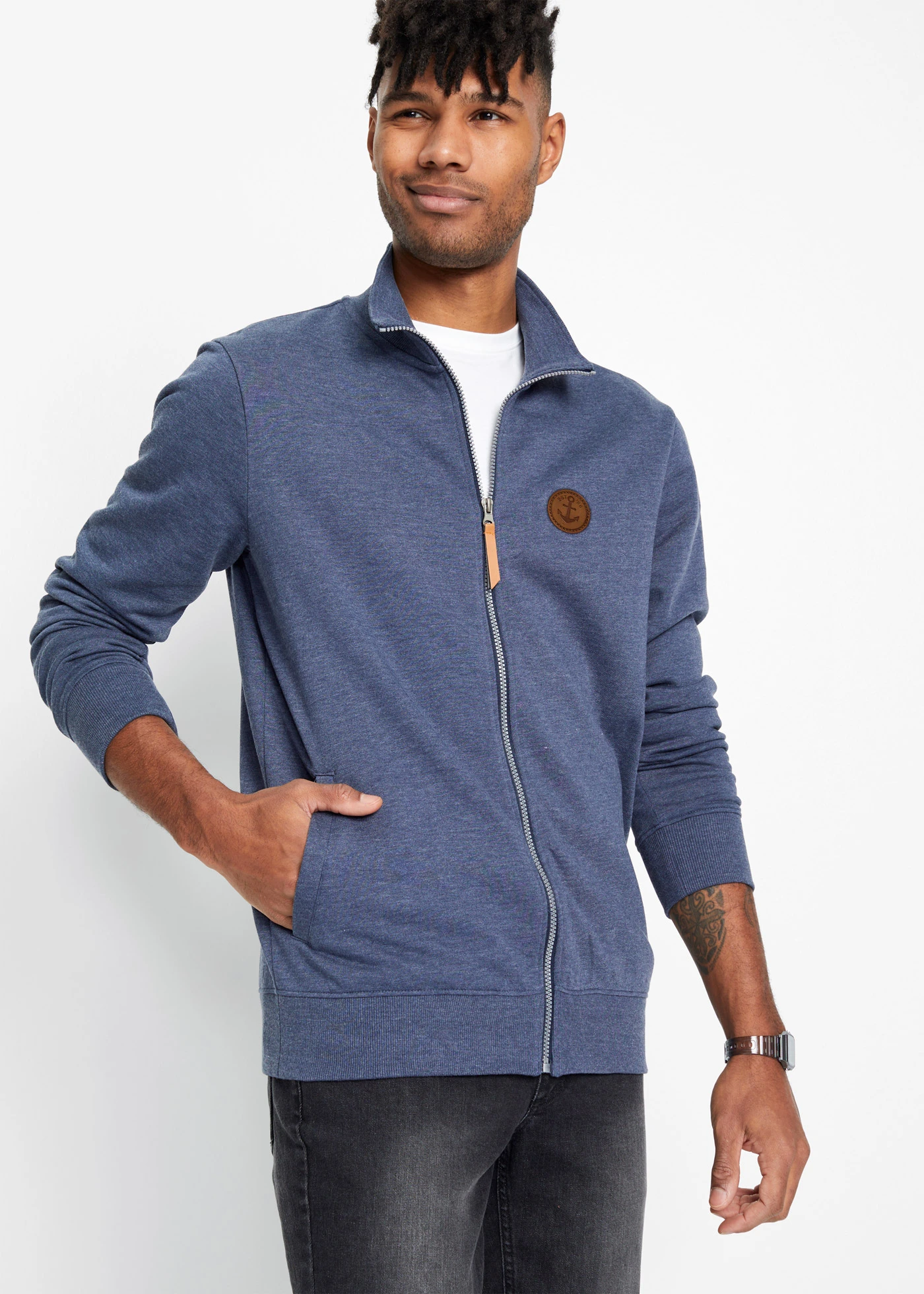 Sweat zippé à col montant et détails enduits • bleu foncé chiné • Boutique bonprix