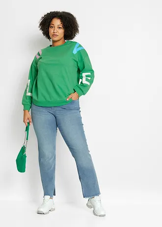 Oversized sweater in een zachte katoenmix, Kleur: opaalgroen met print