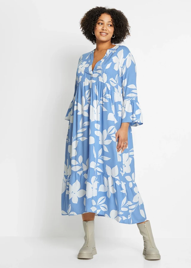 Robe longue en viscose fluide, Couleur: bleu moyen/blanc floral