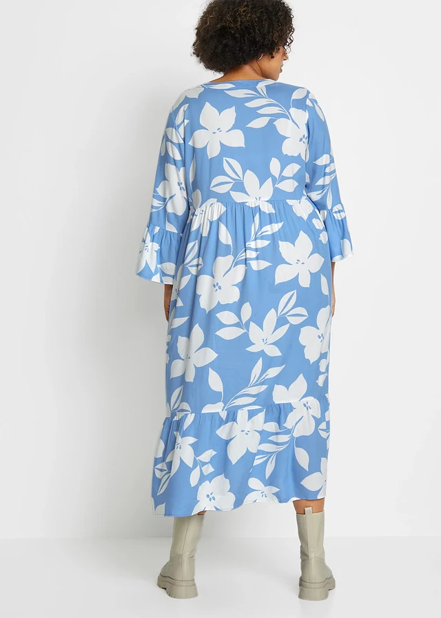 Robe longue en viscose fluide, Couleur: bleu moyen/blanc floral