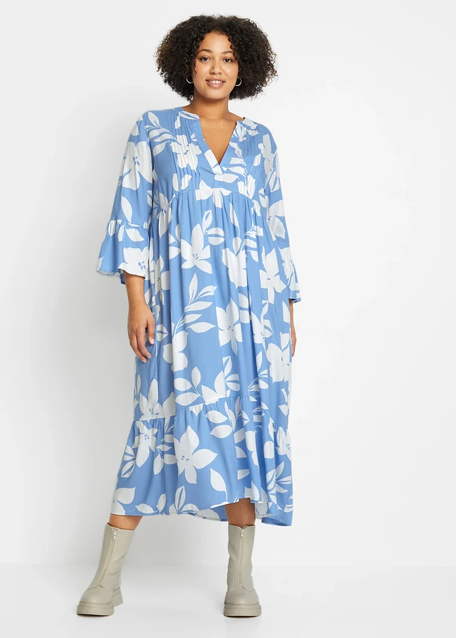 Robe longue en viscose fluide, Couleur: bleu moyen/blanc floral