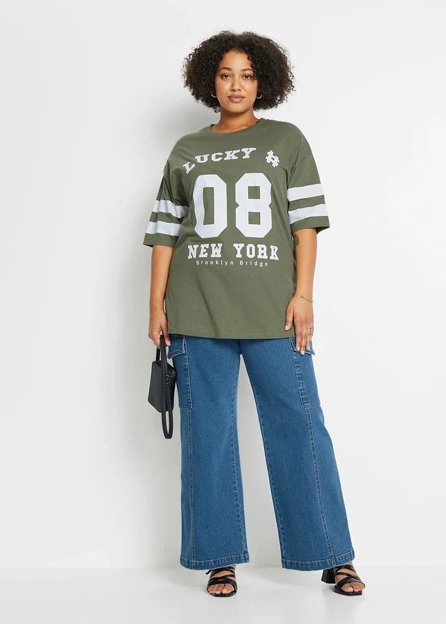 T-shirt oversize 100% coton, Couleur: olive/blanc imprimé