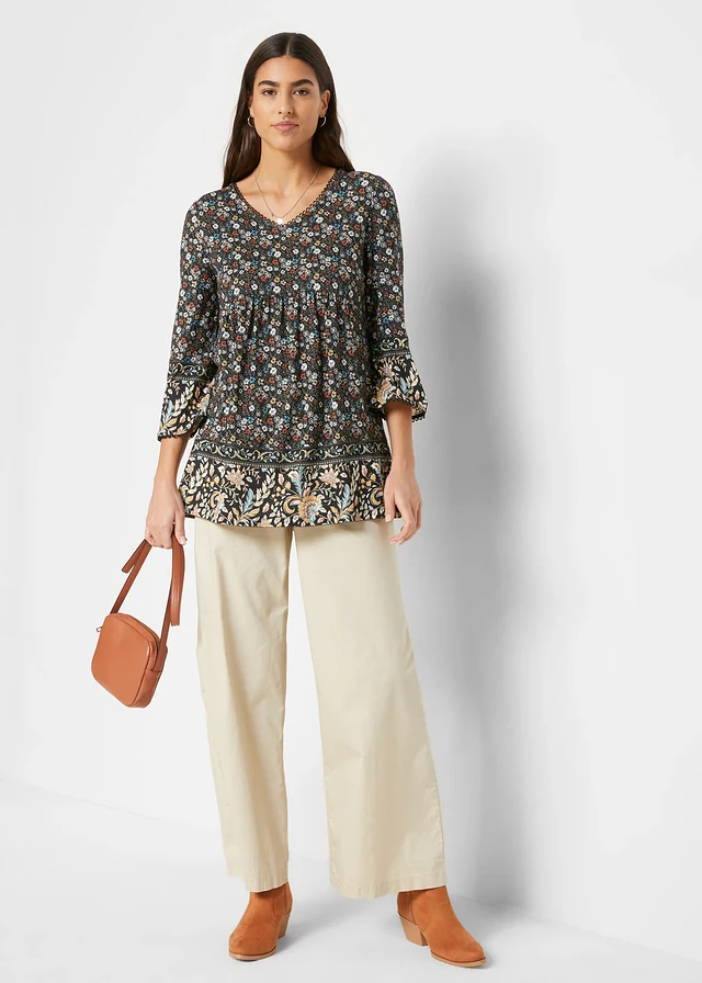 Shirt tuniek van viscose, Kleur: zwart alpenblauw kaneelrood latte macchiato mat beige lichtolijfgroen mat rietgroen wolwit gebloemd