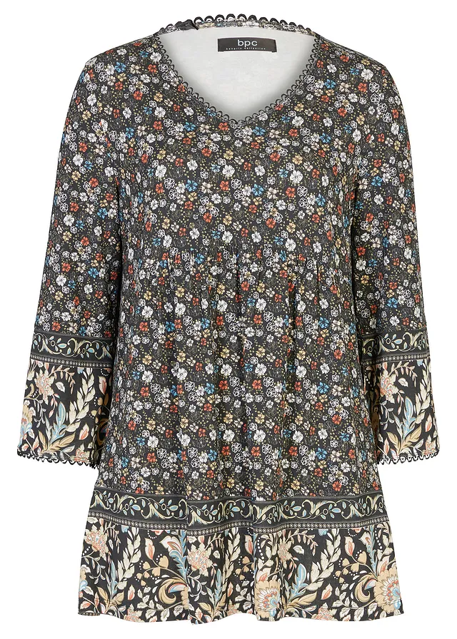 Shirt tuniek van viscose, Kleur: zwart alpenblauw kaneelrood latte macchiato mat beige lichtolijfgroen mat rietgroen wolwit gebloemd
