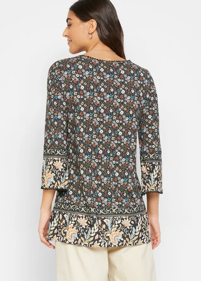 Shirt tuniek van viscose, Kleur: zwart alpenblauw kaneelrood latte macchiato mat beige lichtolijfgroen mat rietgroen wolwit gebloemd